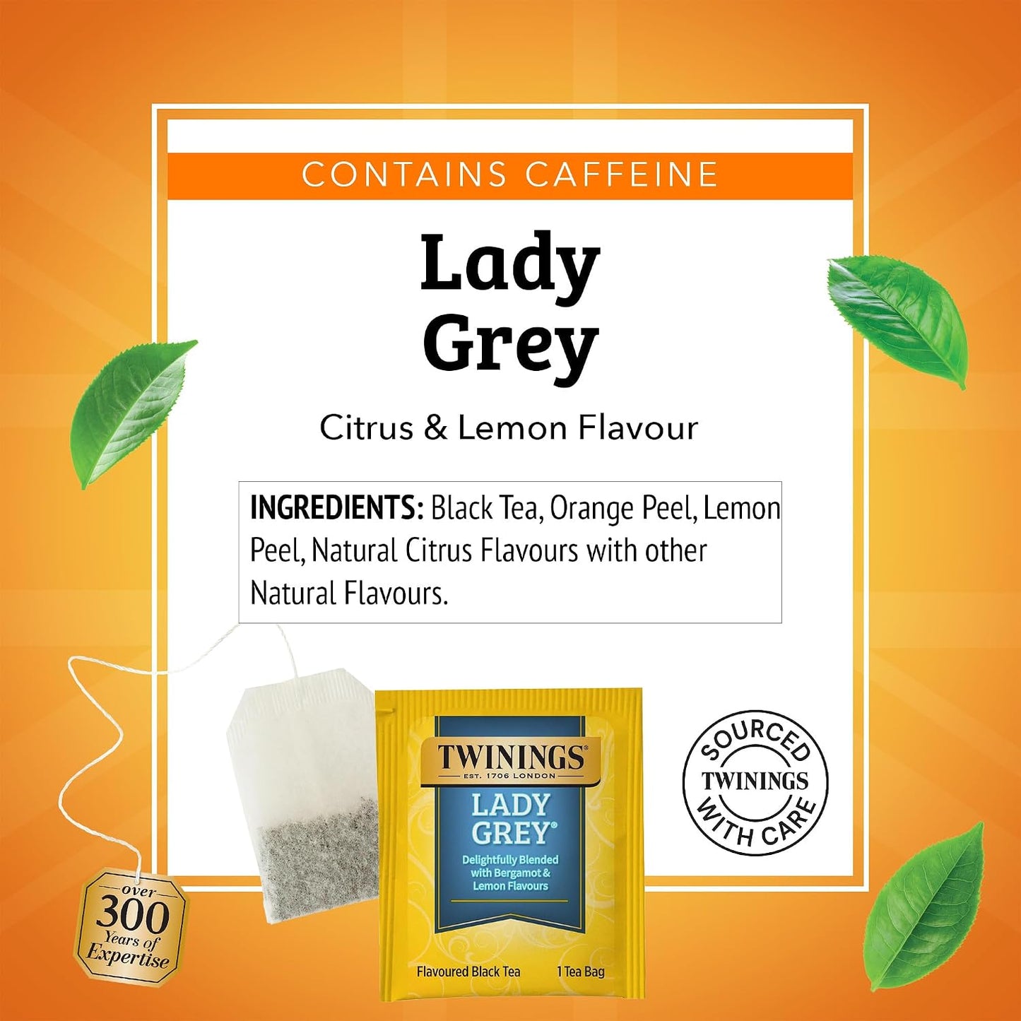 Twinings Lady Grey Black Citrus Tea Bags, 100 CT Box (1 Pack) | A Hint of Bergamot, Orange &amp; Lemon Peel, Citrusy, Naturally Caffeinated, 100 Foil Lined Individually Wrapped Bags, Hot/ Iced
