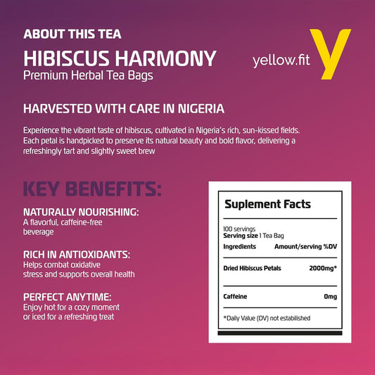 Yellow.fit Hibiscus Tea Bags – 1500mg Loose Leaf Tea Bags, Caffeine-Free Herbal Tea Made from Dried Hibiscus Flowers, Herbal Tea Bags, 100 Count