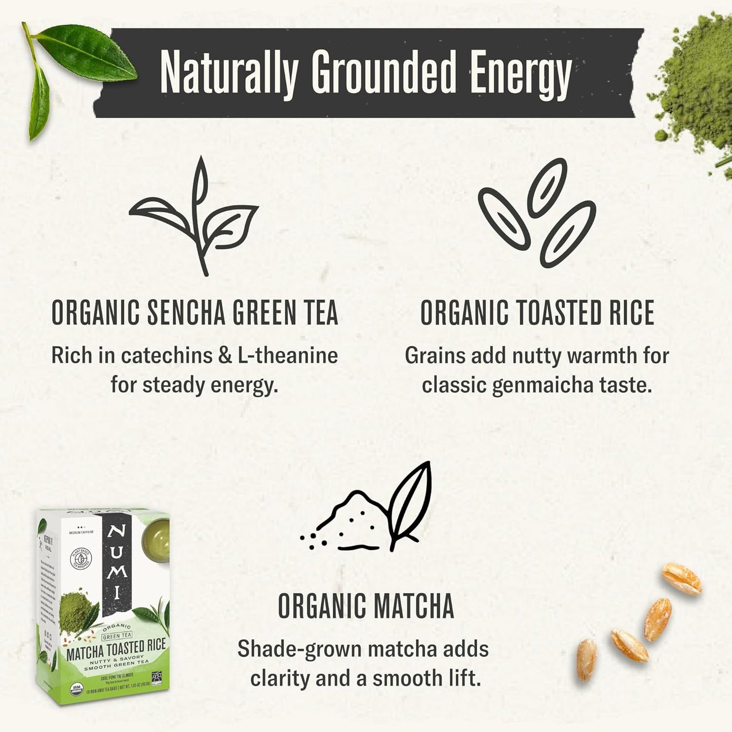 Numi Organic Matcha Toasted Rice Tea, 54 Matcha Tea Bags, Flavorful Green Tea, Microplastic Free Tea Bags