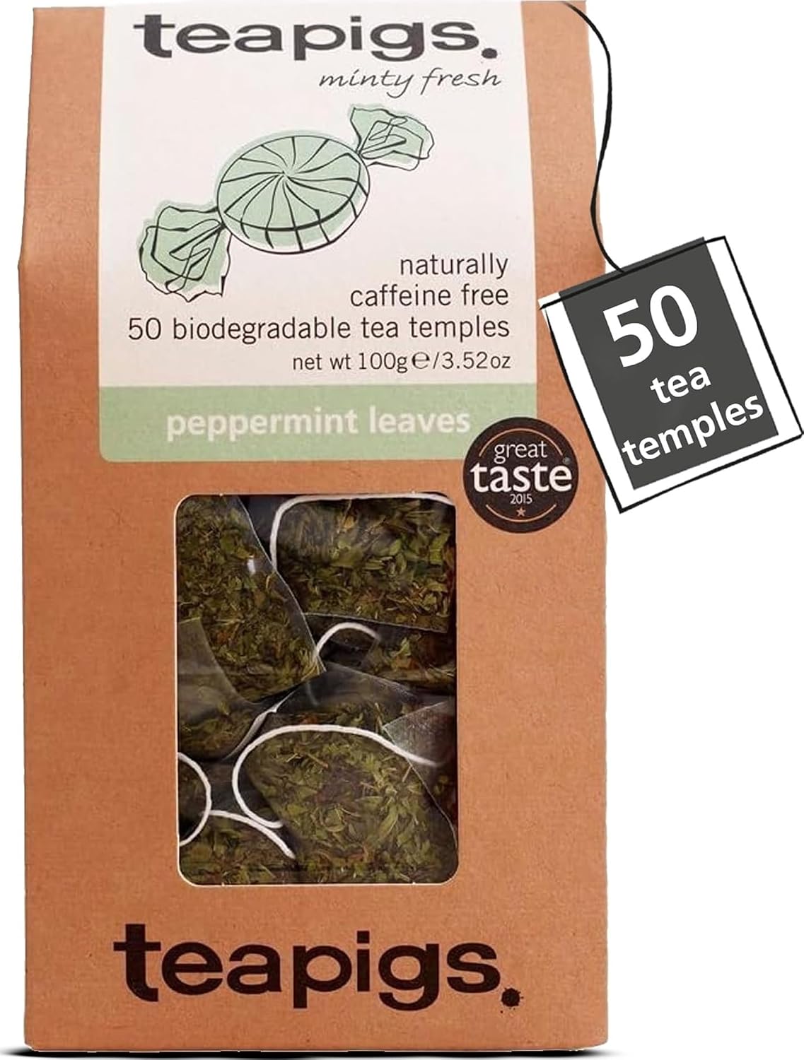 teapigs, Peppermint Leaves Tea, Made with Whole Leaves, Whole Leaf Tea Temples, 50 Count, Pack of 50, Cool, Crisp &amp; Refreshing
