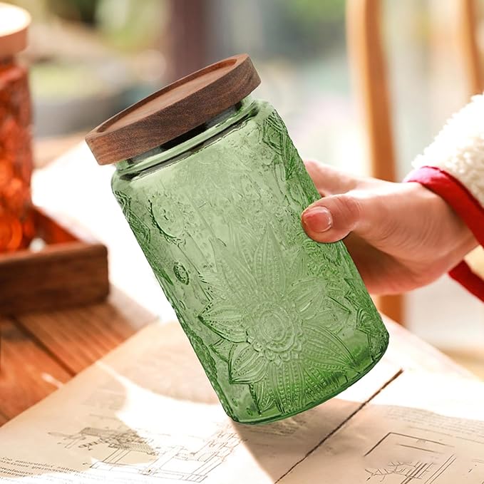Glass Jar with Lid, Vintage Glass Storage Jars with Airtight Lid Coffee Canister Sugar Container for Kitchen Counter Pantry, Spice, Candy