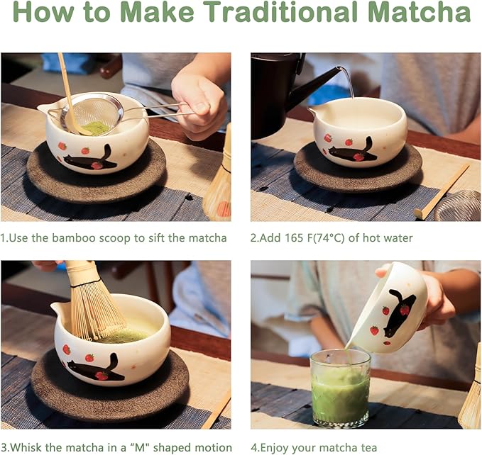Cute Matcha Whisk Set with Cat and Strawberry Pattern Matt Matcha Bowl, 5PCS Traditional Bamboo Whisk Kit, Chasen and Chashaku, White