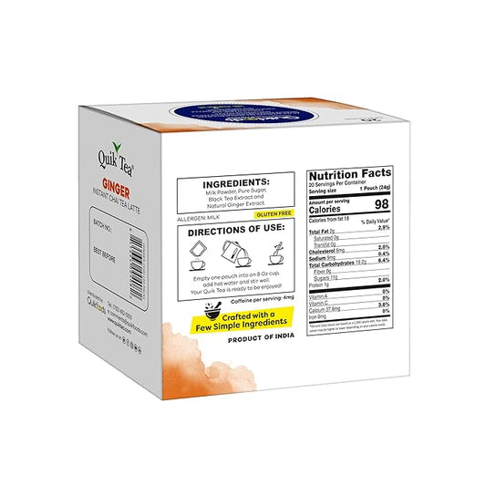 QuikTea Ginger Chai Tea Latte – 20 Count, Bold Ginger Flavor, no preservatives – Just Add Hot Water