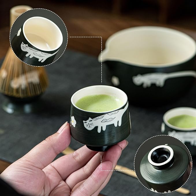 Unique Cat Matcha Tea Set, Matcha Bowl with Spout, 2 Cups, Bamboo Whisk, Chasen Holder & Scoop, 6 Pcs Matcha Set for Tea Ceremony & Unique Gift for Matcha Lover