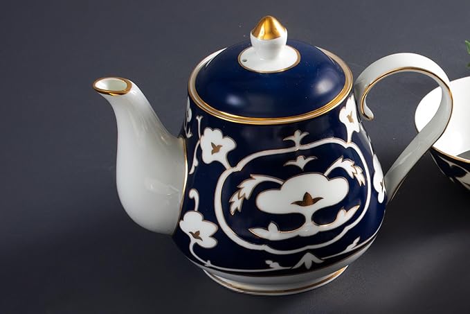 Blue and White Tea Pot - 28 oz. Bone China Teapot with White Vintage Design - Elegant Tea Serving Pot for Kitchen and Gift for Women, Men