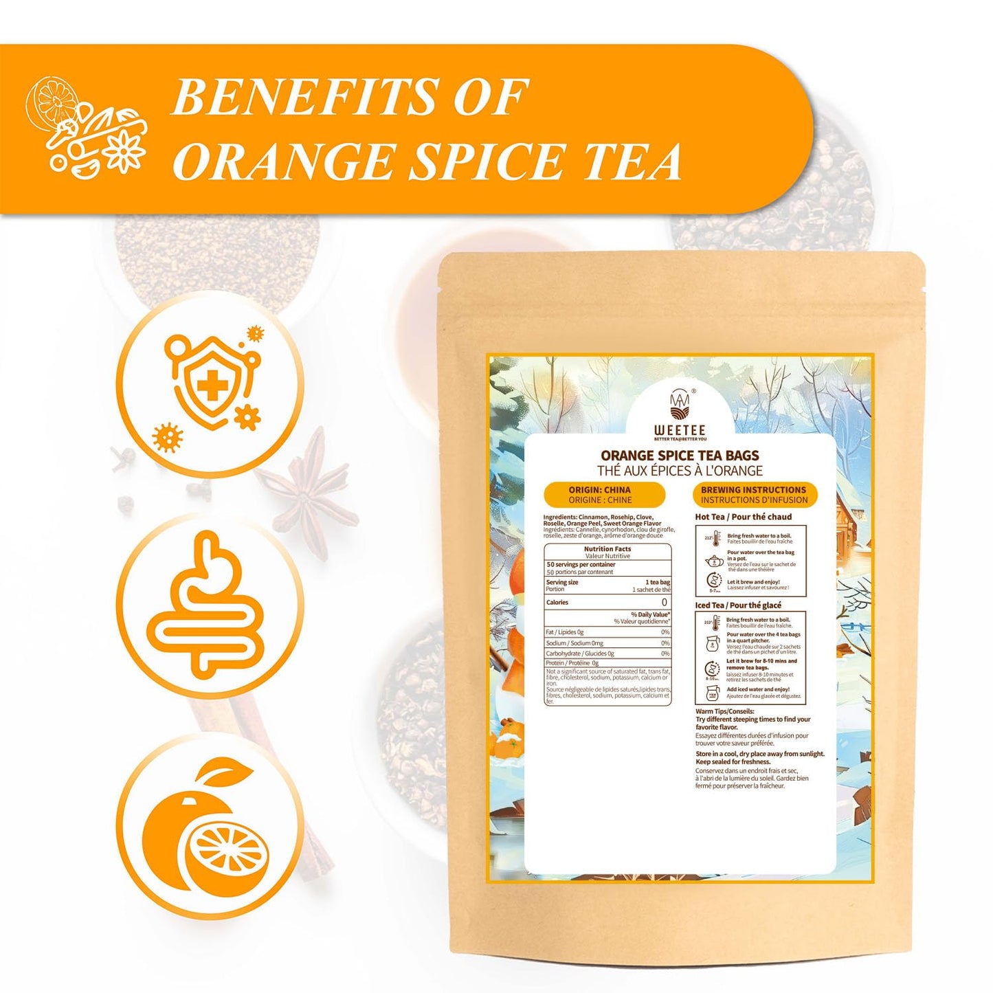 WT WEETEE Orange Spice Herbal Tea Bags 50count, Caffeine-free w/o Black Tea