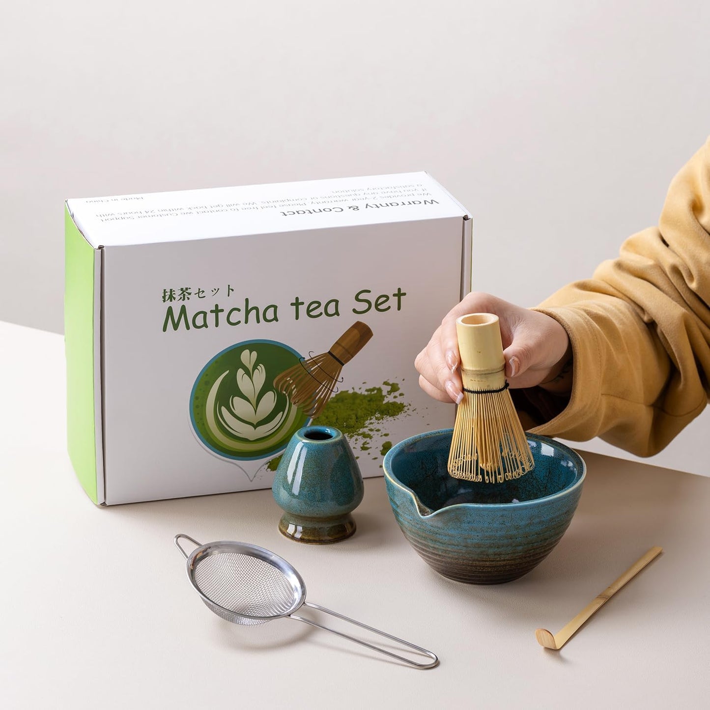 Traditional Matcha Tea Ceremony Set with Ceramic Bowl, Bamboo Whisk, Stand and Strainer, 5-Piece (blue)