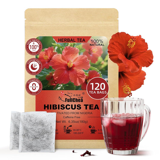 FullChea Hibiscus Tea Bags, 120 Counts, Flor De Jamaica, Non-GMO | Pure Hibiscus Flowers, Caffeine-Free, Support Digestion &amp; Boost Immunity, Hot &amp; Iced Tea, No Additives, Resealable Pouch