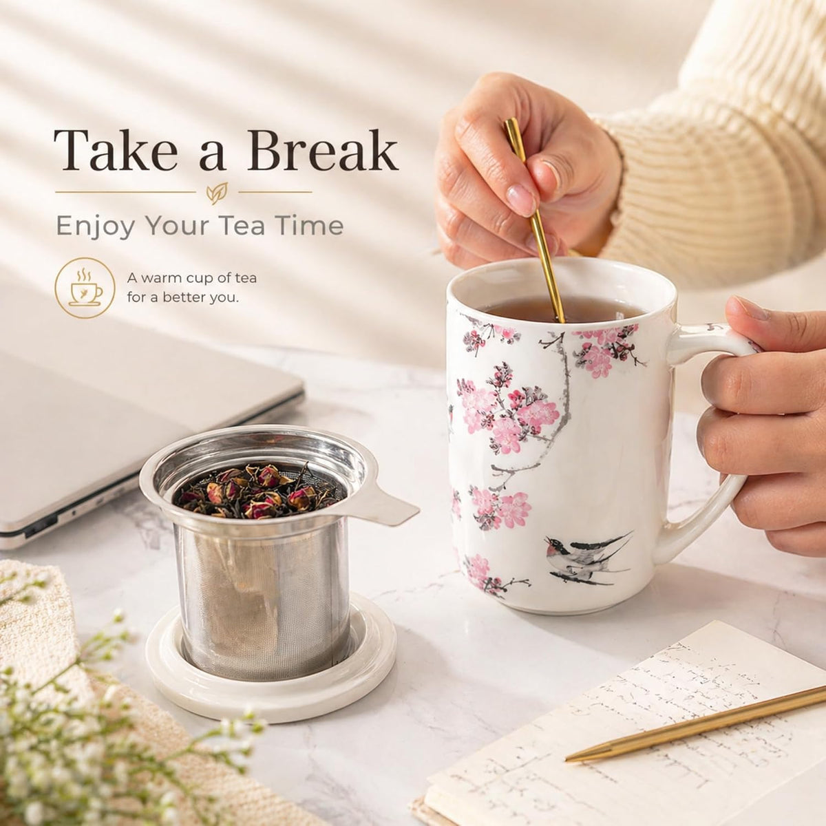 AmorArc Tea Cup With Infuser and Lid, 18oz Loose Leaf Tea Mug With Steeper
