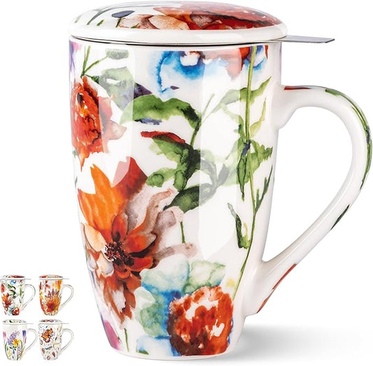 Gbhome Tea Mug with Infuser and Lid, 18 Ounce Large Ceramic Loose Leaf Cup, Microwave, Dishwasher Safe, Perfect for Tea Lovers