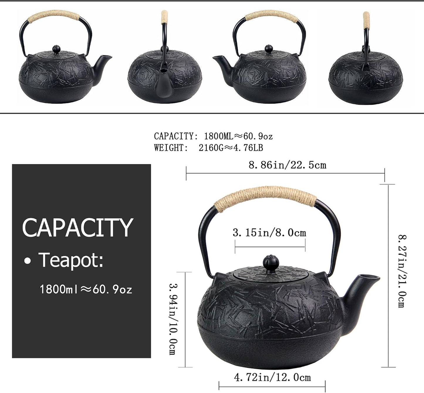 60.9oz YJX Cast Iron Teapot, Japanese Tetsubin Tea Kettle for Stovetop Safe, Cast Iron Tea Pot with Infuser for Loose Leaf, Black Kettle Teapot, Good Gift For Tea Lovers(1800ml)