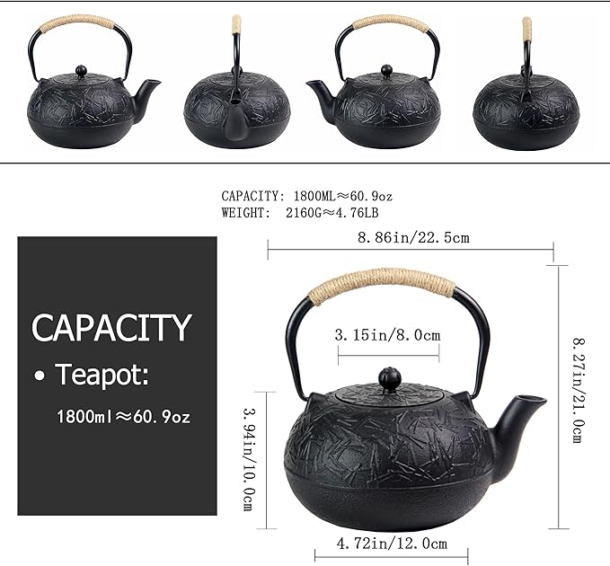 60.9oz YJX Cast Iron Teapot, Japanese Tetsubin Tea Kettle for Stovetop Safe, Cast Iron Tea Pot with Infuser for Loose Leaf, Black Kettle Teapot