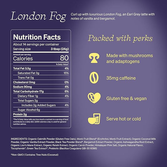 Clevr Blends London Fog Latte, Vegan, Earl Grey Instant Tea Mix, Superfood Powder Blend with Oat Milk, Black Tea, Reishi Mushroom, Organic Spices, Coconut Cream, Ashwagandha, Serve Hot or Iced, 12 oz