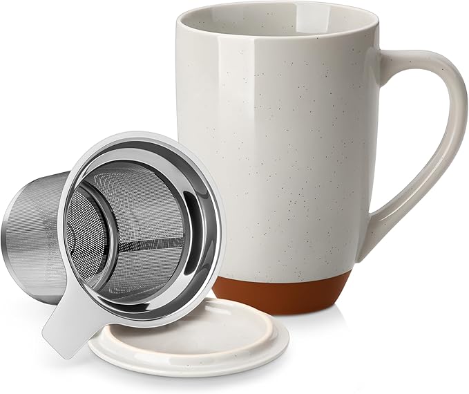 Malacasa Ceramic Tea Mug with Lid and Stainless Steel Infuser, 18 oz Large Tea Cup for Loose Leaf Tea, Heat-Resistant, Microwave & Dishwasher Safe
