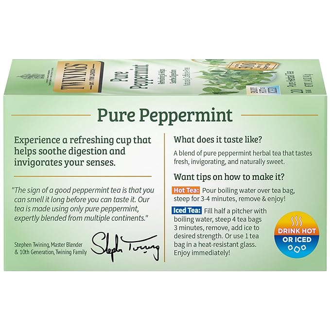 Twinings Pure Peppermint Herbal Tea Individually Wrapped Bags, 20 Count (Pack of 1), Fresh Minty Flavour, Naturally Caffeine-Free, Enjoy Hot or Iced, 20 Teabags