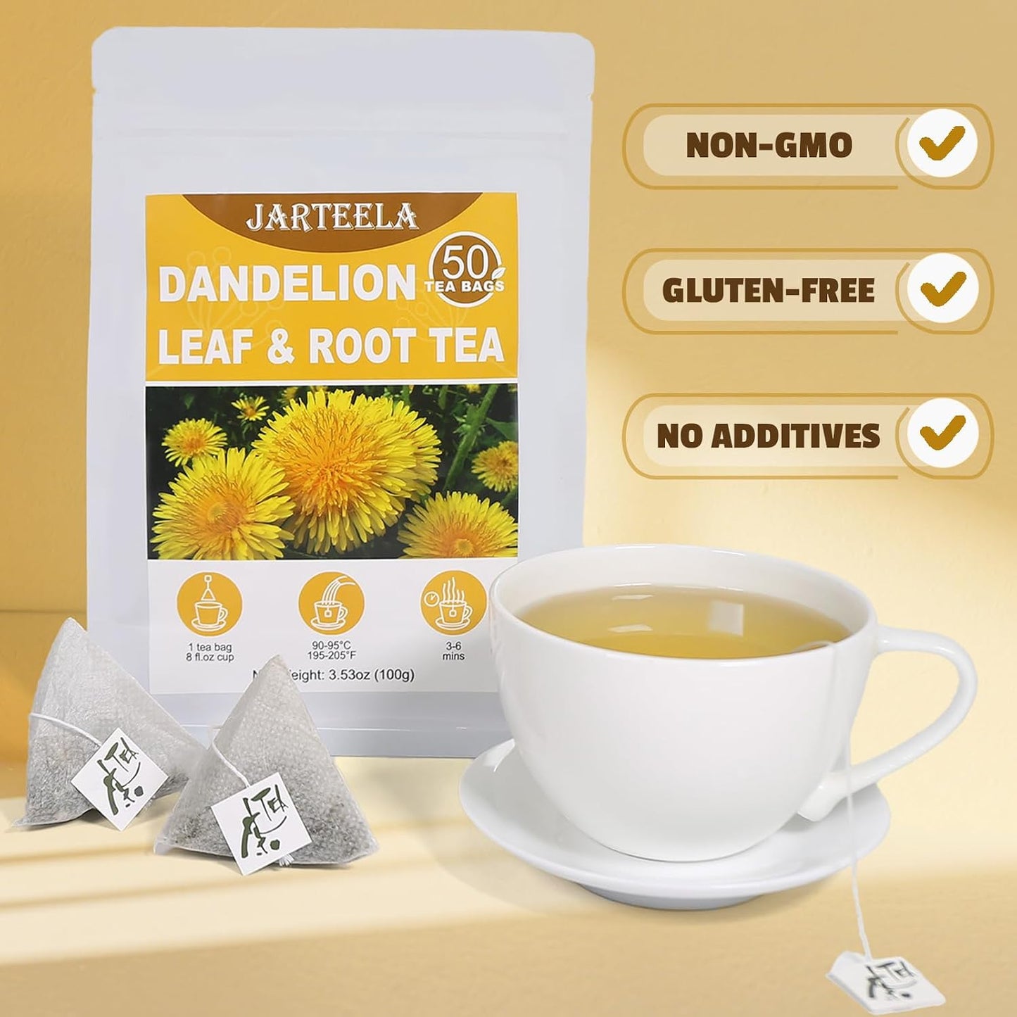 Jarteela - Dandelion Leaf &amp; Root Tea Bags, 50 Count, Dried Dandelion Herb | Premium pure dandelion leaf &amp; root herbal tea, non-GMO &amp; caffeine-free, mild earthy taste for daily brewing