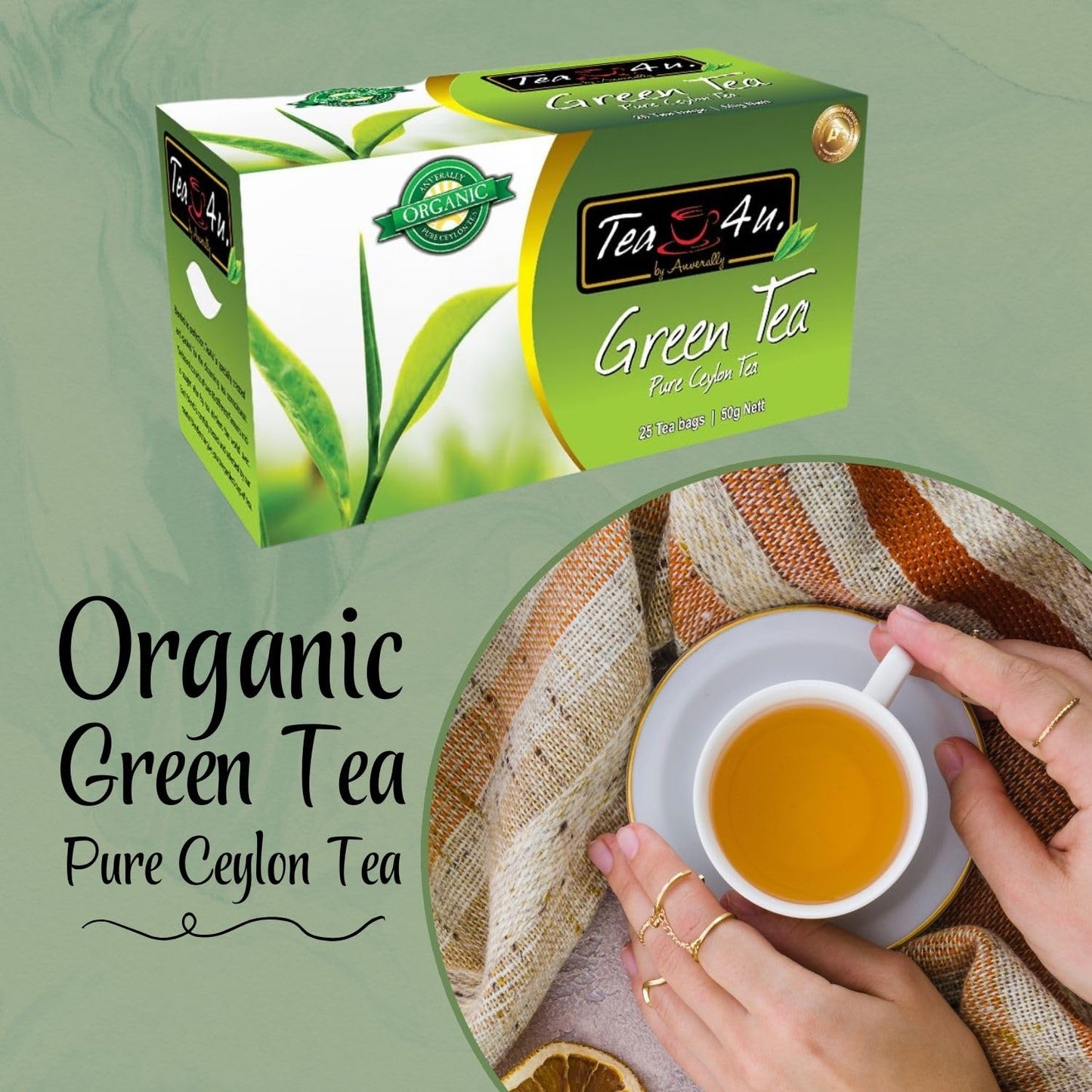 Tea4U Organic Green Tea, Ceylon TeaBags - Handpicked Leaves from the Finest Tea Estates and Expertly Blended - 25 Count
