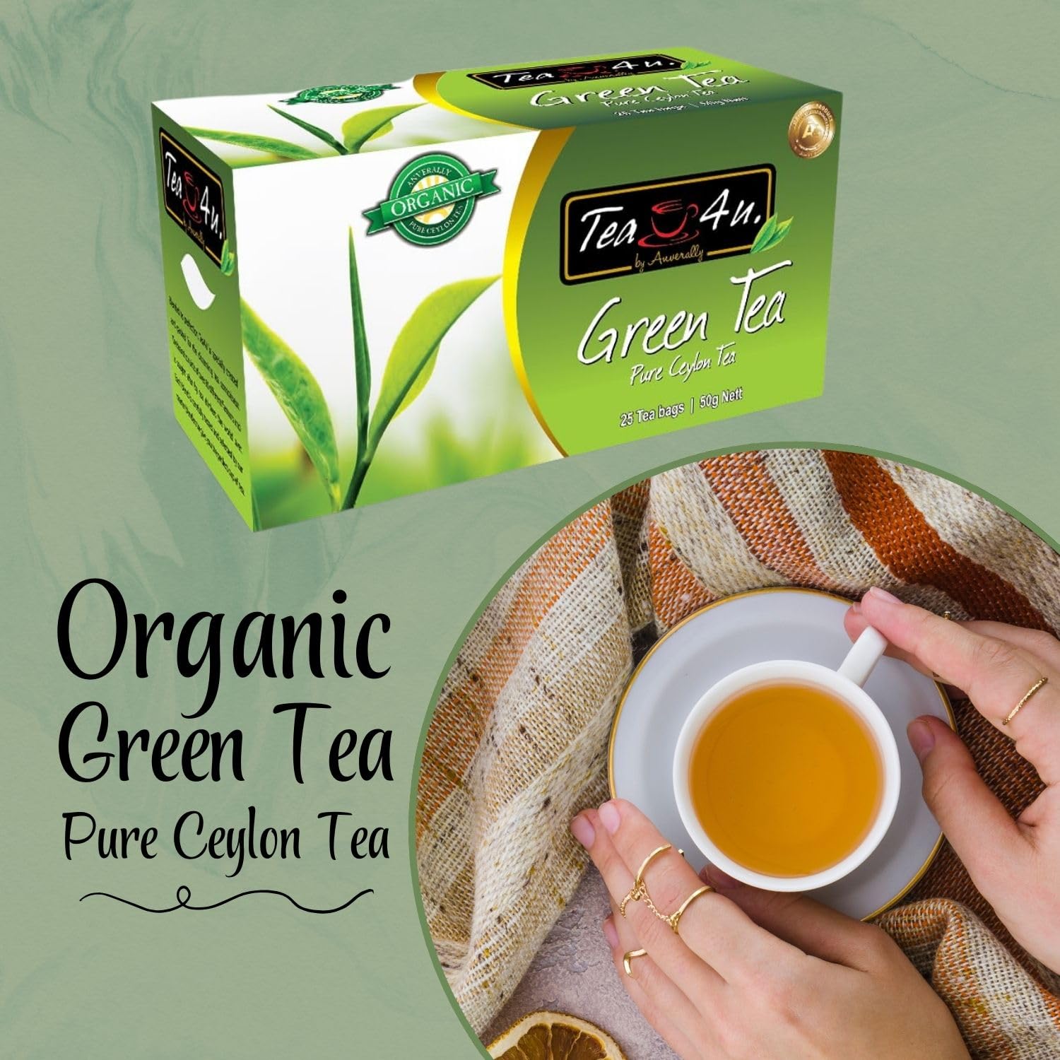 Tea4U Organic Green Tea, Ceylon TeaBags - Handpicked Leaves from the Finest Tea Estates and Expertly Blended - 25 Count