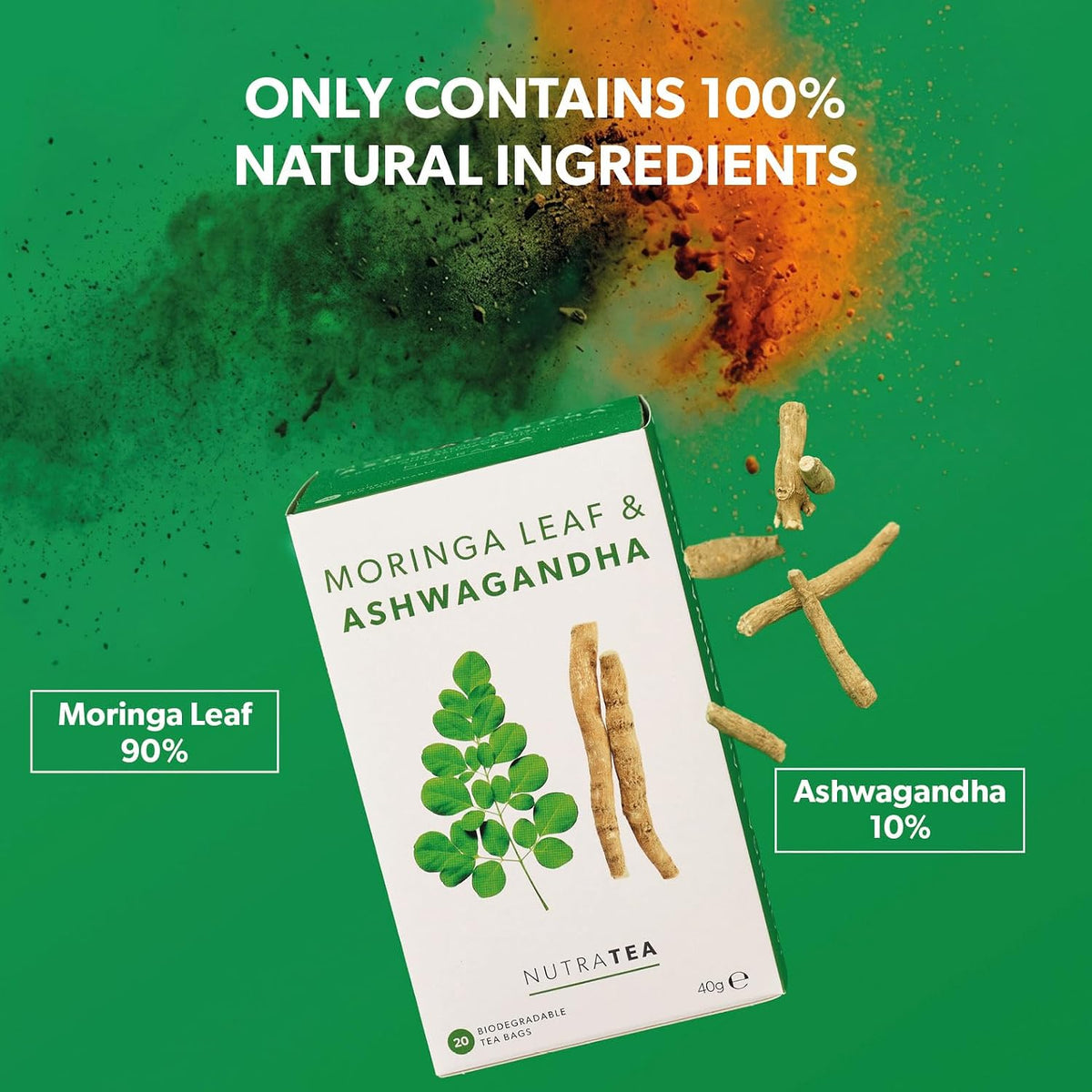 Nutra Tea - Moringa Leaf &amp; Ashwagandha – Moringa Tea Bags, Ashwagandha Tea Bags - For Mood Support and Stress Relief - 40 Individually Wrapped Bags - Herbal Infusion (2 Pack)