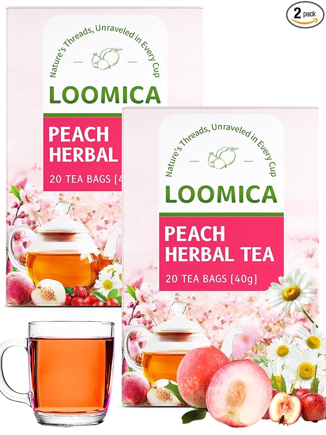 Loomica Peach Herbal Tea, Caffeine-Free, Peach Tea Bags with Rosehip, Hibiscus, Chamomile & Orange Peel, Naturally Balanced Sweet & Tangy