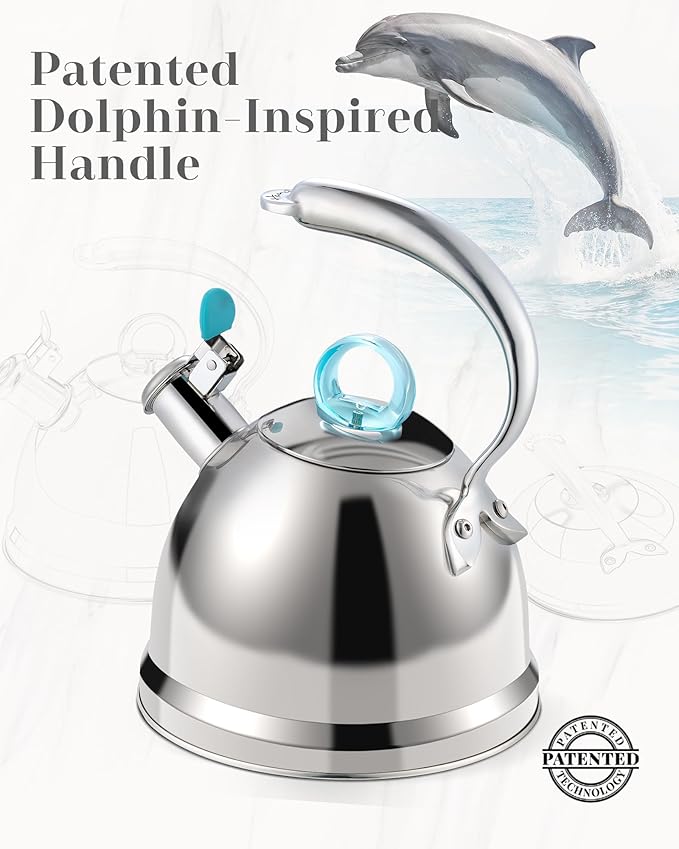 Harriet Tea Kettle Stovetop, 2.5 Quart Whistling Stainless Steel Tea Pot, 3-Layer Base, Unique Ergonomic Handle, Includes Pot Holder & Mat