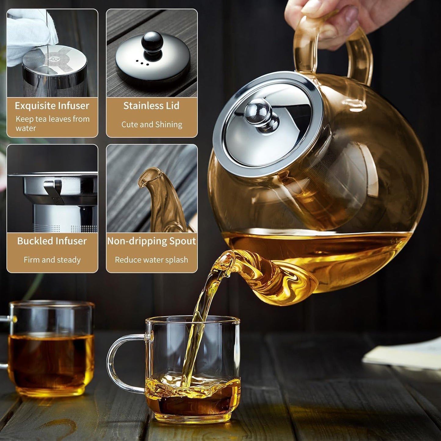 DOPUDO Glass Teapot with Infuser, 40 oz Borosilicate Tea Kettle | Clear borosilicate glass with removable 18/8 steel infuser for stovetop brewing of loose-leaf, herbal, and blooming tea.