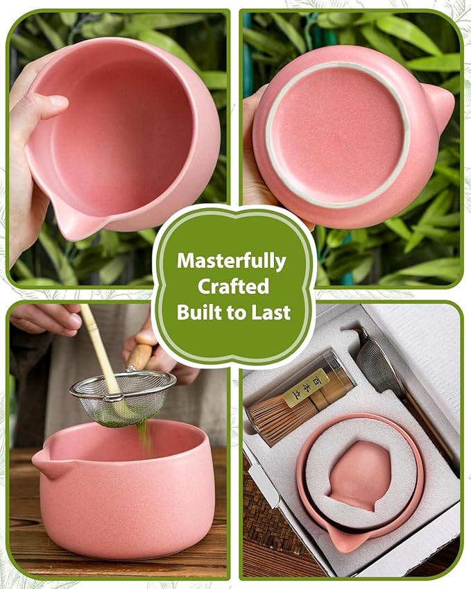 20OZ Matcha Whisk Set - 5PCS Matcha Set Includes Macha Bowl with Spout, Bamboo Whisk with Ceramic Holder, Bamboo Scoop and Sifter