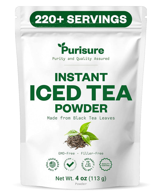 Purisure Unsweetened Instant Black Iced Tea Powder – Made from Real Tea Leaves, No Lemon Flavor, Sugarless, Zero- Calories, Dissolves in Cold Water, Makes Up to 220 plus Servings, 4 oz