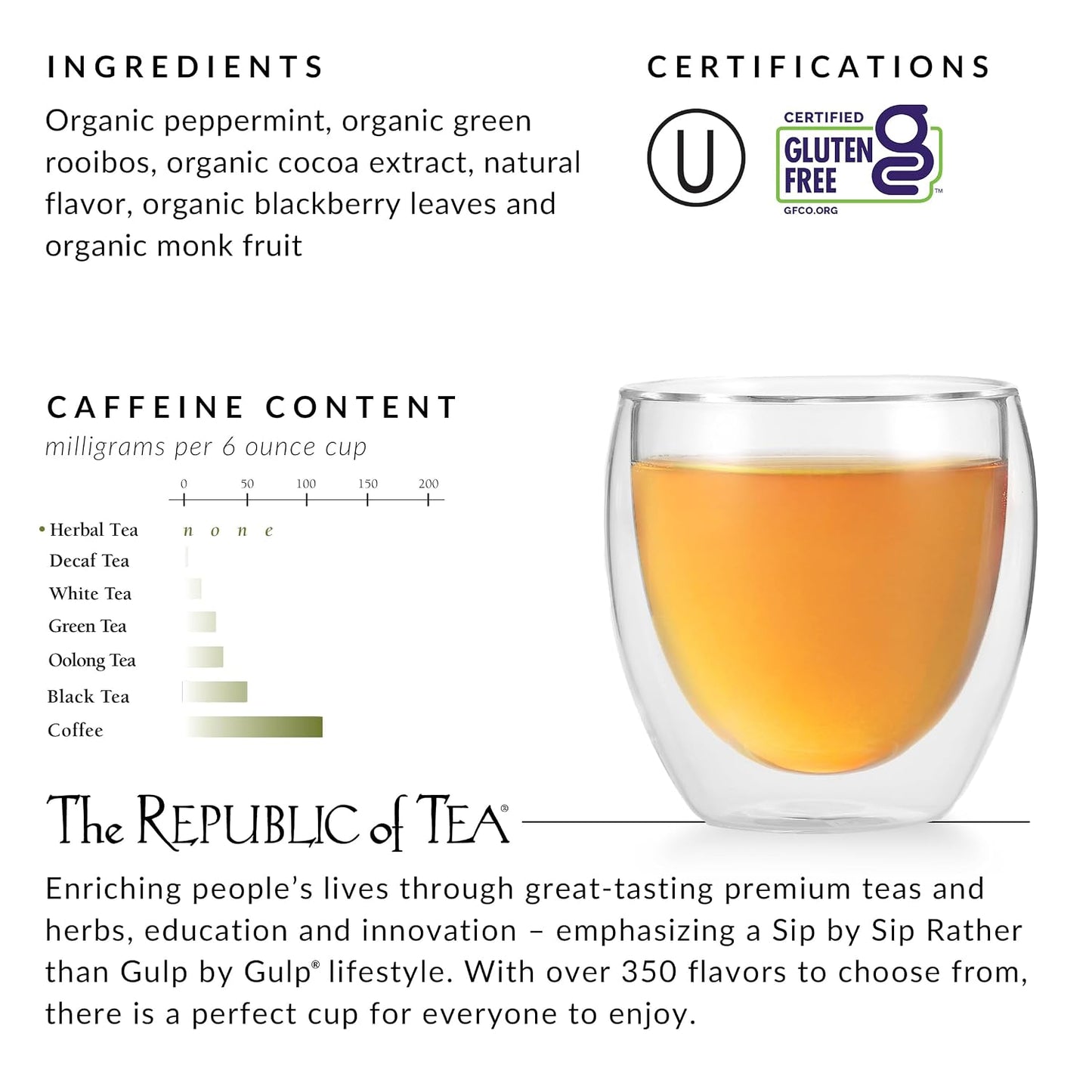 The Republic of Tea Peppermint Bark Herbal Tea, Caffeine Free, 36 Count | Suitable for day or evening sipping. Mellow and rounded with cool finish. Gluten Free and Kosher.