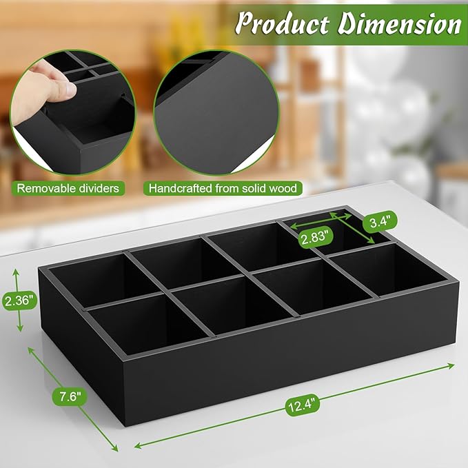 DRASTAR Tea Bag Organizer, Tea Box Organizer Storage Box, Wooden Tea Bag Holder, Tea Chest with 8 Compartments, Tea Caddy for Tea Bags Organizer, Black