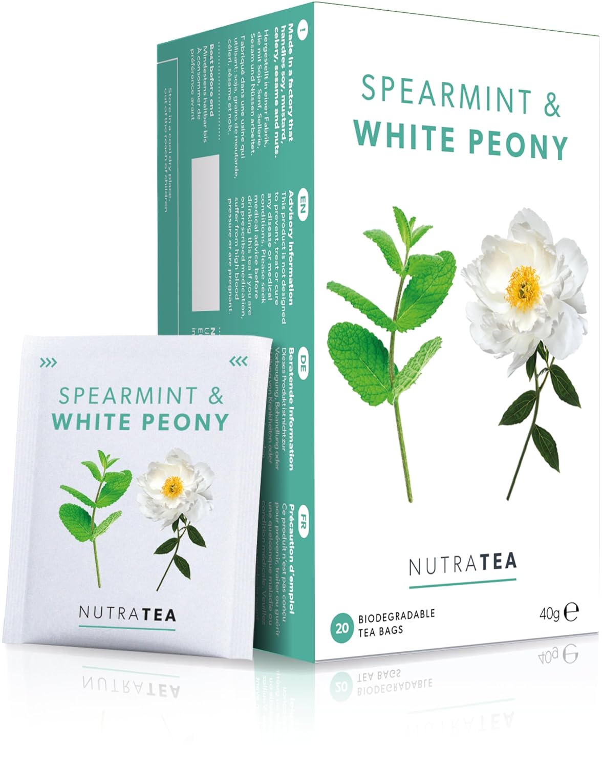 Nutra Tea - Spearmint &amp; White Peony – Spearmint Tea, PCOS Tea - For Digestion, Women's Health &amp; Acne - 20 Individually Wrapped Bags - Herbal Infusion (1 Pack)
