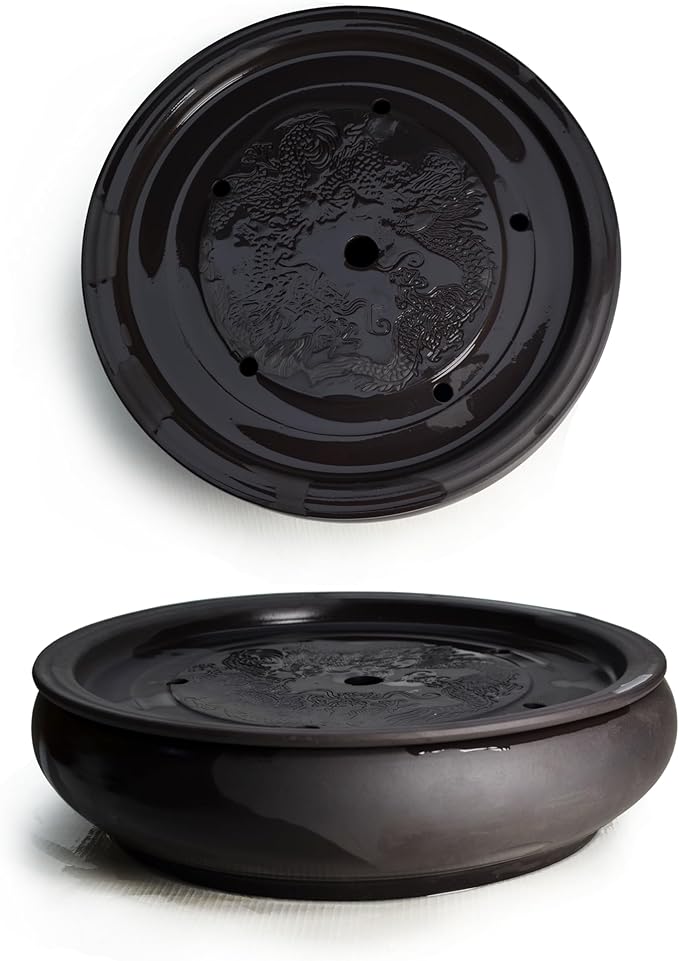 Tray Saucer Mat Kungfu Tea 10inch/26cm Saving Water Classical Charm Dragon Black Clay Decorations (L dragon)