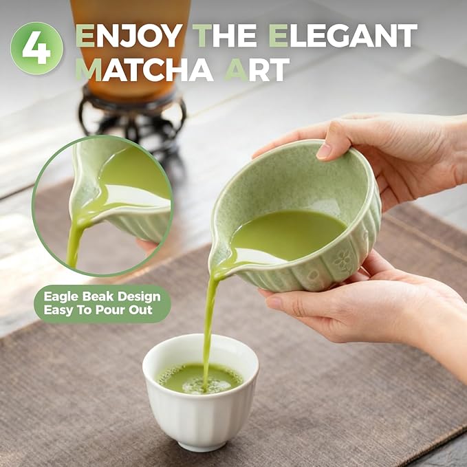 Matcha Whisk Set-5pcs, 16OZ Japanese Tea Set Includes Matcha Bowl with Spout, Bamboo Whisk with Ceramic Holder
