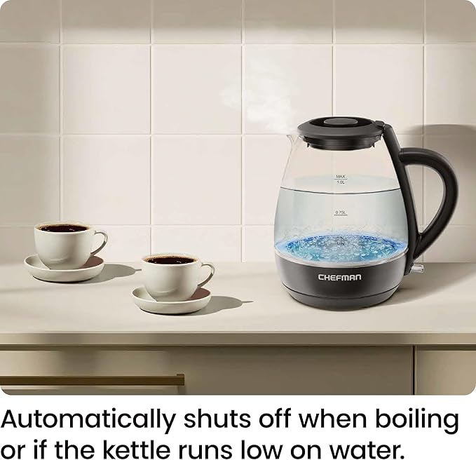 Chefman Electric Kettle with Tea Infuser, 1L 1500W, Removable Lid for Easy Cleaning, Boil-Dry Protection, Stainless Steel Filter, BPA Free