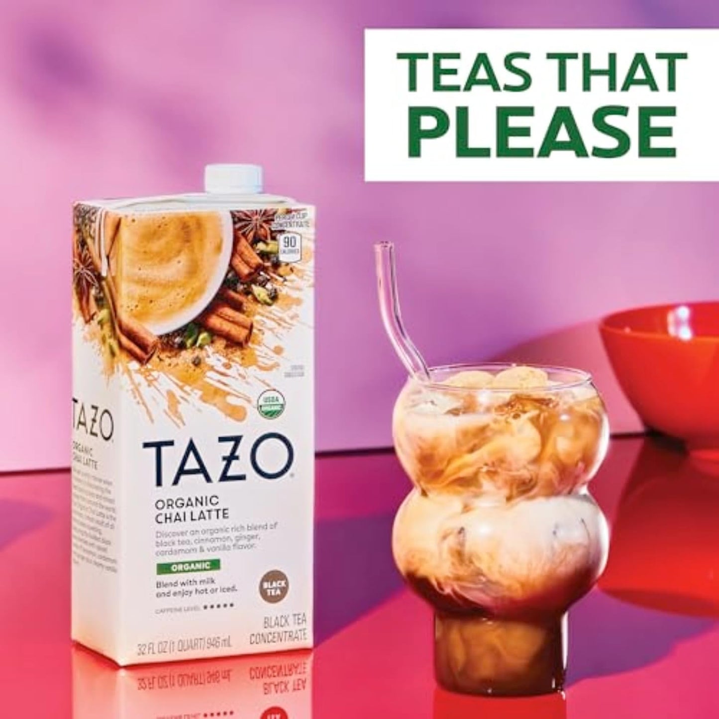 TAZO Organic Chai Latte Concentrate 32 oz Carton 2-Pack USDA Organic Black Tea with Cinnamon Cardamom Ginger and Black P