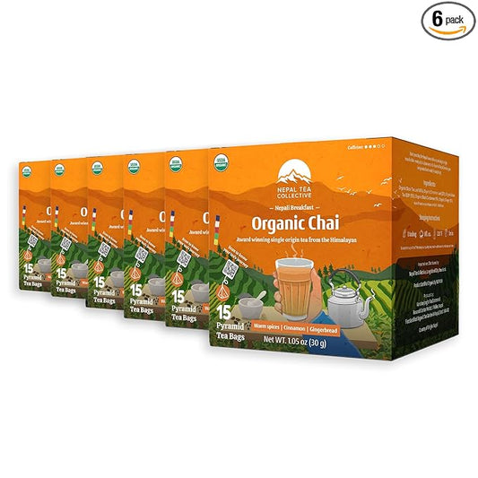 NEPAL TEA Organic Chai Tea Bags from the Himalayas, Chai Spice Blend - 15 Pyramid Tea Bags, Single Origin Chai Spice Tea - Black Tea Bags, Loose Leaf Tea Inside (Nepali Breakfast), 6 Pack