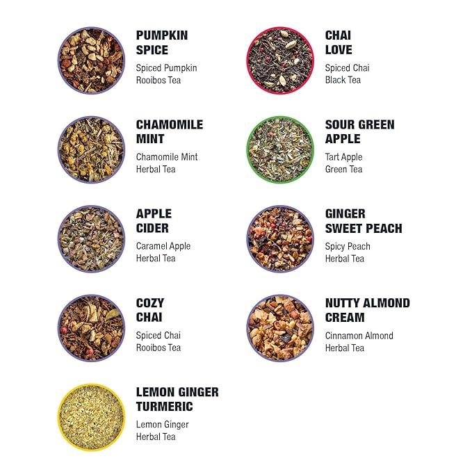 Tiesta Tea Fall Medley Dry Flight Set – Assorted Herbal, Black, Chai, and Fruit Tea Blends for Hot or Iced Brewing, Caffeine Free Loose Leaf Sampler Set with 9 Resealable Pouches