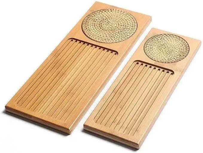 Tea Tray Bamboo Wood Tea Tray, Tea Plate Accessories, Saucer Rattan Mat, Rectangle Serving Table Plate, Storage Dish for Hotel Gongfu Tea(S-34X12cm)