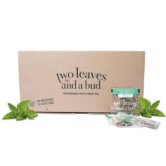 Two Leaves and a Bud Organic Peppermint Tea Bags, Naturally Caffeine Free, Herbal Whole Leaf Peppermint Tea in Compostable Sachets, 100 Count