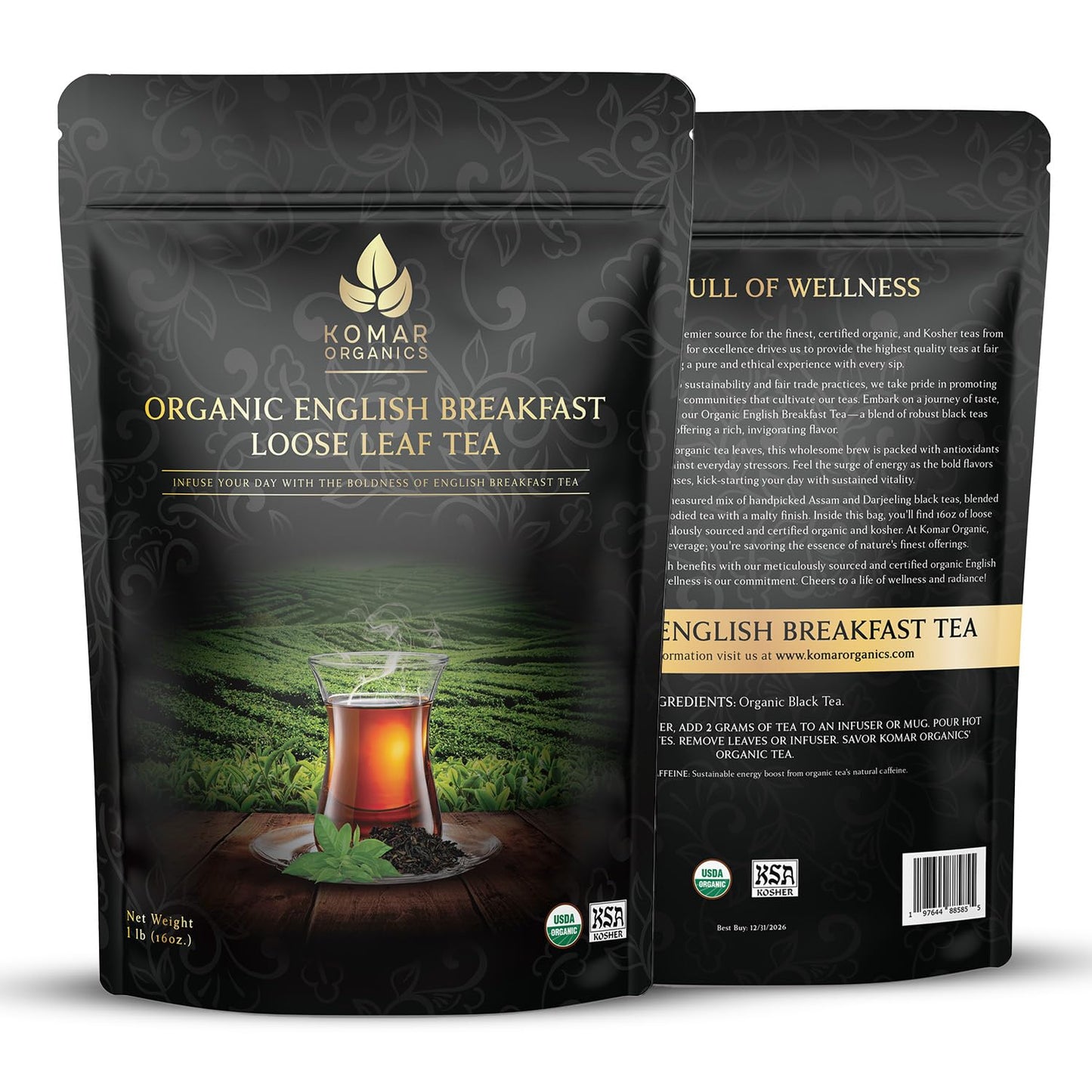 KOMAR ORGANICS English Breakfast Tea - 16oz USDA Organic Loose Leaf Tea Rich in Antioxidants - Balanced and Flavorful Black Tea for Energy Boost - 1 LB Certified Kosher Assam and Darjeeling Blend