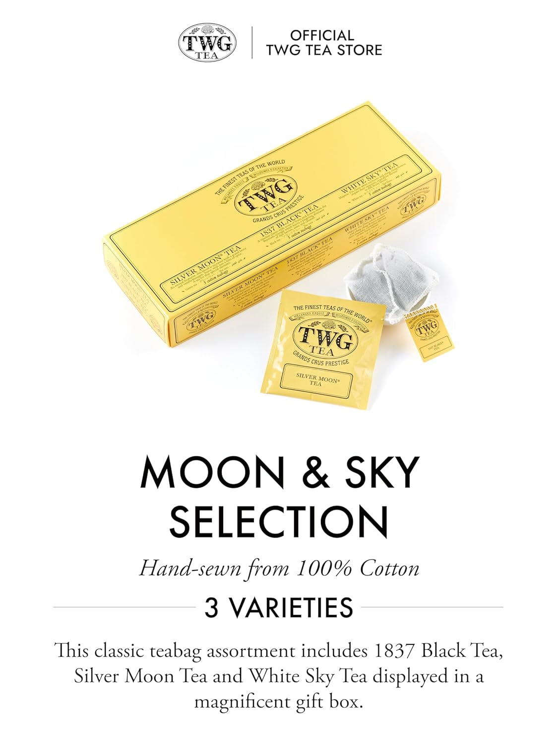 TWG Tea | Moon & Sky Selection | 3 Varieties | Exclusive Tea Blends | 15 Hand Sewn Cotton Teabags | Gift Set