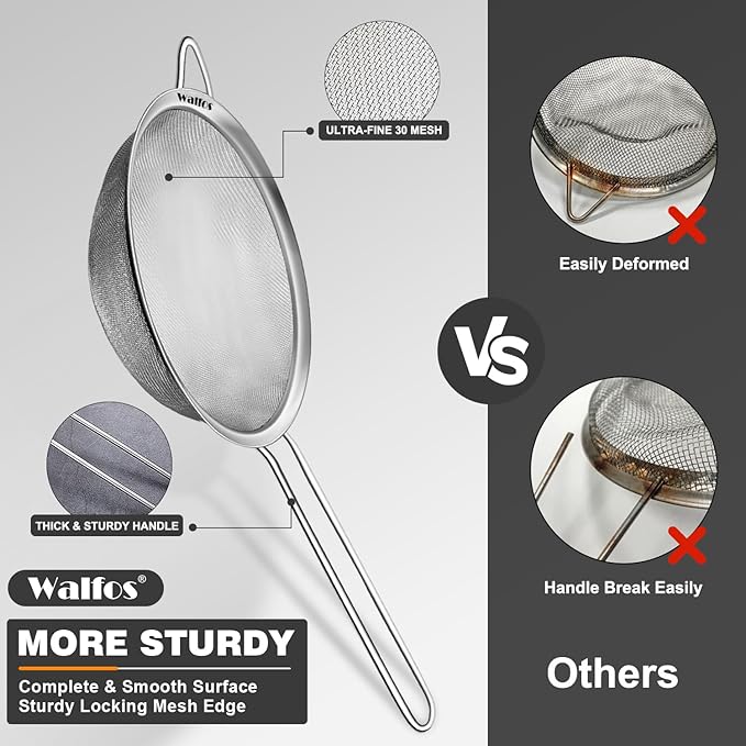 Walfos Fine Mesh Strainer 4PCS, Versatile Kitchen Strainer with Handle - 7", 4.6", 3.15", 2.7" Sieve Fine Mesh Stainless Steel