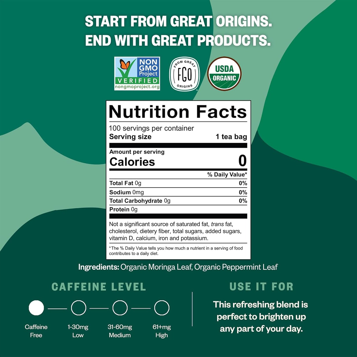 FGO Organic Moringa Mint Tea, 100 Count, Eco-Conscious Herbal Tea Bags, Resealable Bag, Caffeine Free, Packaging May Vary (Pack of 1)