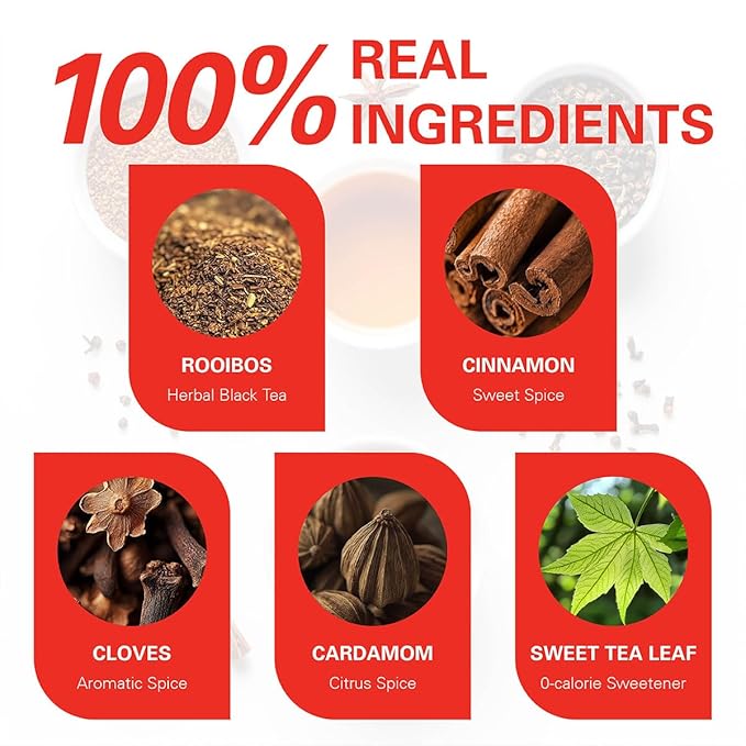WT Weetee Rooibos Chai Tea Bags, South African Red Tea with Cinnamon, Cloves, Cardamom, Natural Caffeine-free Herbal Tea, 50 Counts Spiced Rooibos Tea
