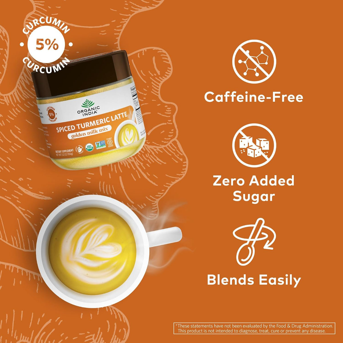 ORGANIC INDIA Spiced Turmeric Latte Powder, Golden Milk Mix, Vegan, 3.52 Oz | Authentic Blend, Gold Tea Drink, Ginger and Cinnamon, Ayurvedic Herbs, Caffeine Free, Zero Added Sugar