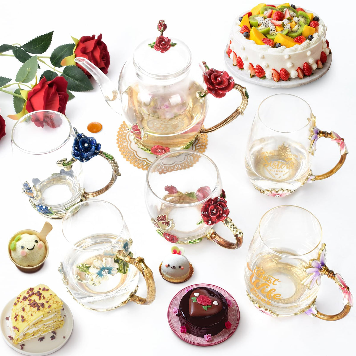 OEAGO Enamel Glass Flower Tea Pot 30.4OZ Birthday Gifts for Women Mom