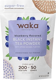 Waka Instant Black Tea Mix, Blueberry Flavored - 100% Tea Leaves, No Additives, Unsweetened Tea Powder for 50 Quarts or 200 Cups – Easy and Quick Hot or Iced Teas (4.5oz)