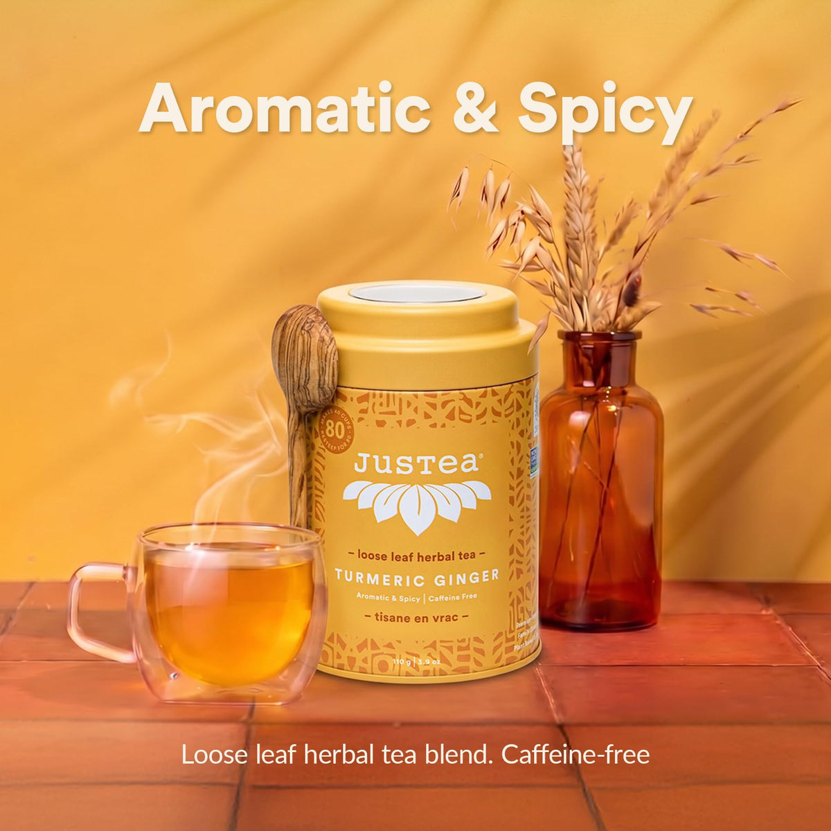 JusTea TURMERIC GINGER Loose Herbal Tea, 40+ Cup Tin + Spoon, Caffeine-Free