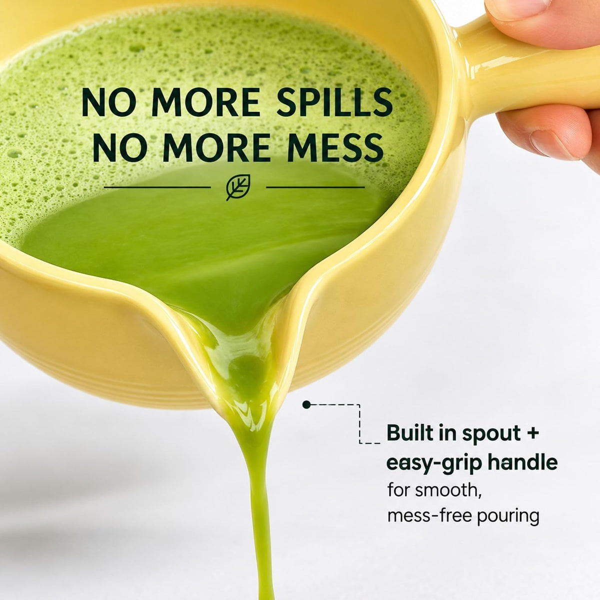 HAPPY PATH &amp; CO Patented Matcha Bowl Set with Handle &amp; Spout - Spill-Free Pouring | Complete Matcha Set for Beginners | Includes Bamboo Whisk, Scoop &amp; Stand (Sunny Duckling - Soft Yellow)