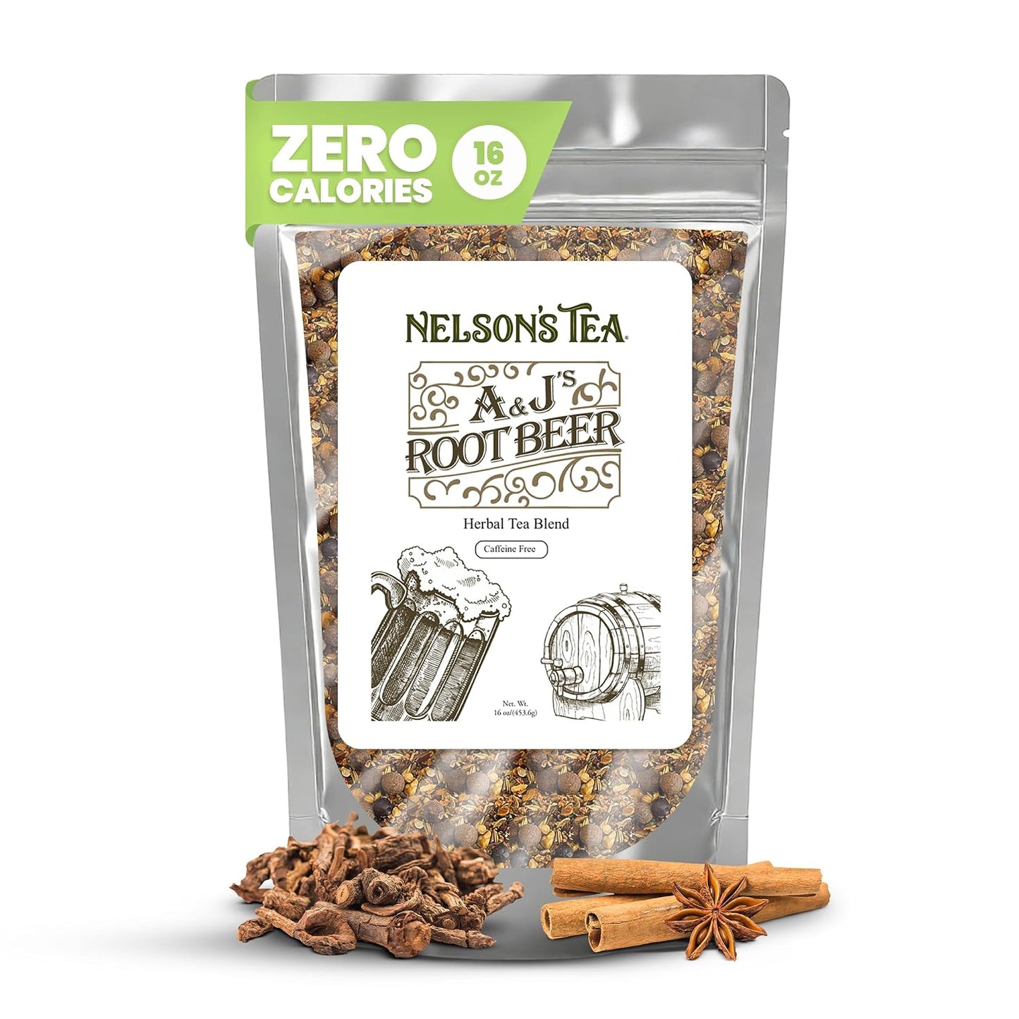 Nelson's Tea A &amp; J's Root Beer Sarsaparilla Loose Leaf Tea, 16 oz | Herbal • Burdock • Birch Bark • Dandelion • Caffeine Free • Tea • Root Beer • Sarsaparilla Root Tea